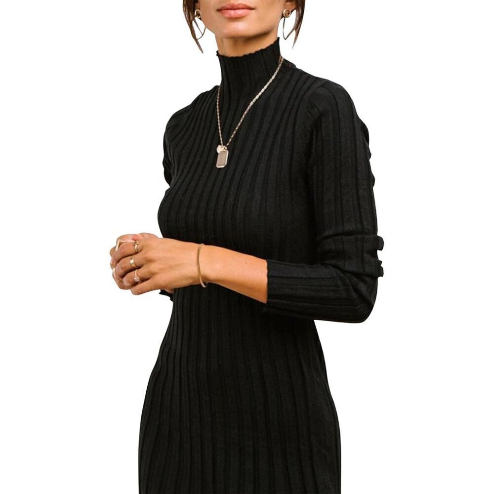 Women's Knit Long Sleeve High Neck Bodycon Midi Dress Black XS - Picture 5 of 8